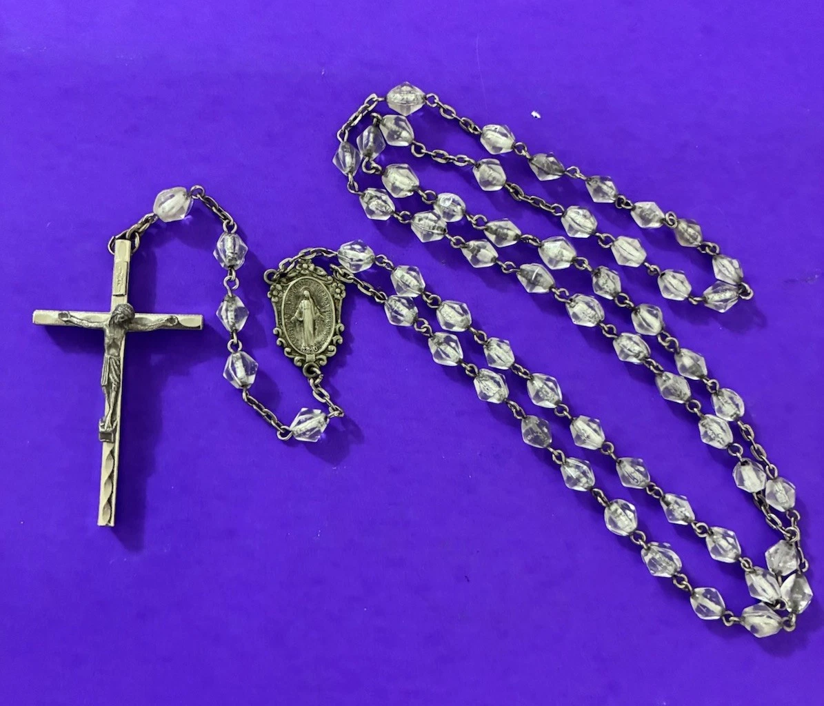 Vintage Bicone Opaque Faceted Glass Rosary, Virgin Mary Jesus Italy Christianity - Image 6