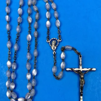 Vtg MoonGlow Glass Oval Bead Rosary, Virgin Mary, Jesus, Italy, Christianity 18”