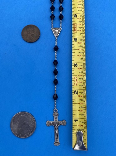 Vtg Black Bicone Faceted Glass Petite Rosary, 800 Silver, Roma, 15” Christianity - Image 6