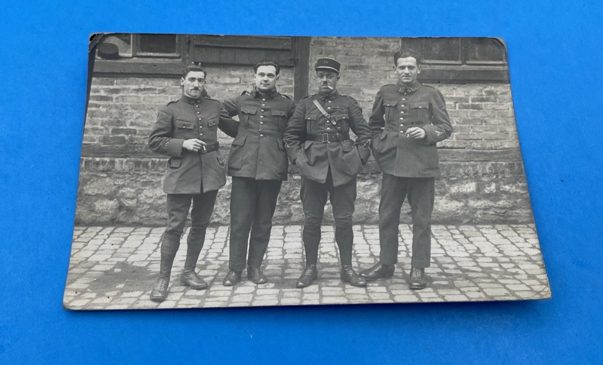 RPPC French Soldiers Group, Kepi Officer, Candid Bunny Ears, WWI–Interwar, DB FR