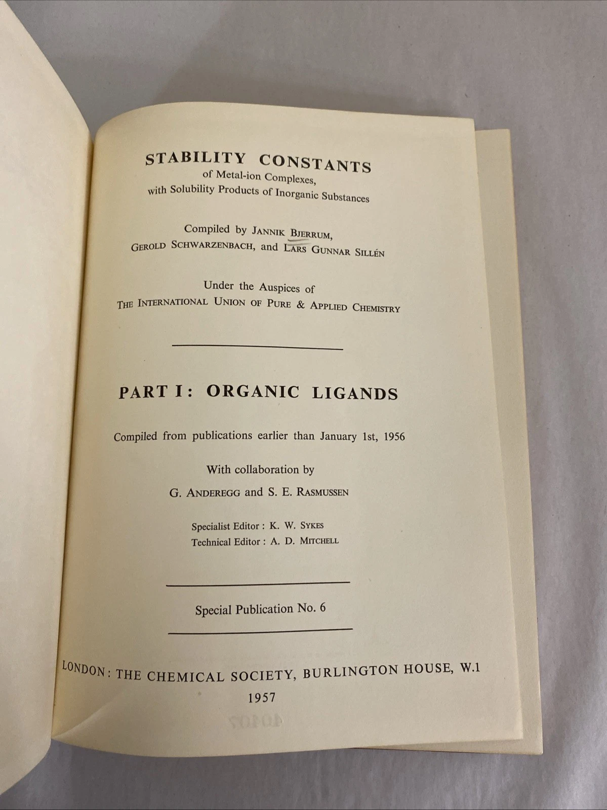Stability Constants Pt I Organic & Pt II Inorganic Ligands Chem Soc 1957-58 2Vol - Image 7