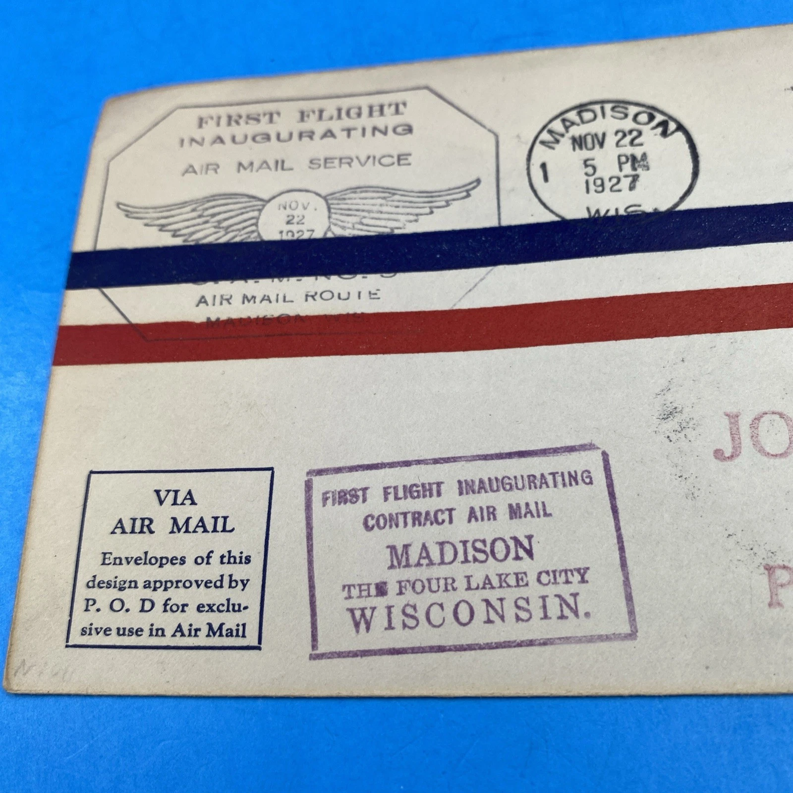 1927 First Flight Airmail Cover Madison WI to Chicago CAM-9 Flown Cachet - Image 2