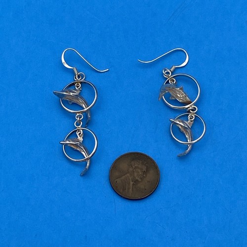 VINTAGE .925 Sterling Silver Dual Floating Dolphin Hoop Earrings, French Wires - Image 3