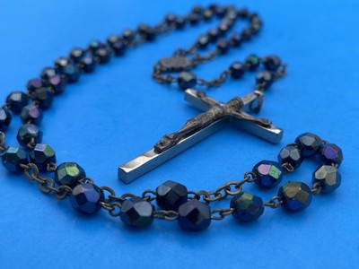 Vtg Peacock-Blue AB Faceted Glass Rosary, Jerusalem Crusader, ITALY Christianity - Image 3