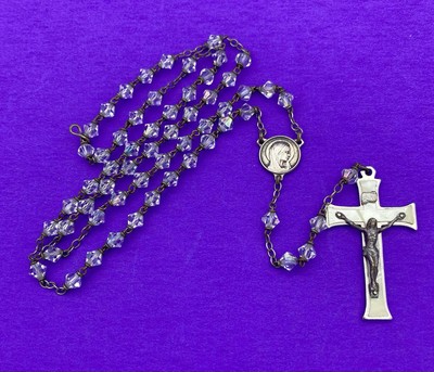 Vtg Aurora Borealis Crystal Bicone Faceted Glass Petite Rosary, MOP Crucifix,15” - Image 3