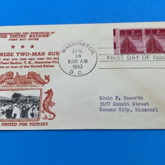 1943 FDC Scott 907 Nations United Crosby Japanese Two-Man Sub Washington DC FDOI