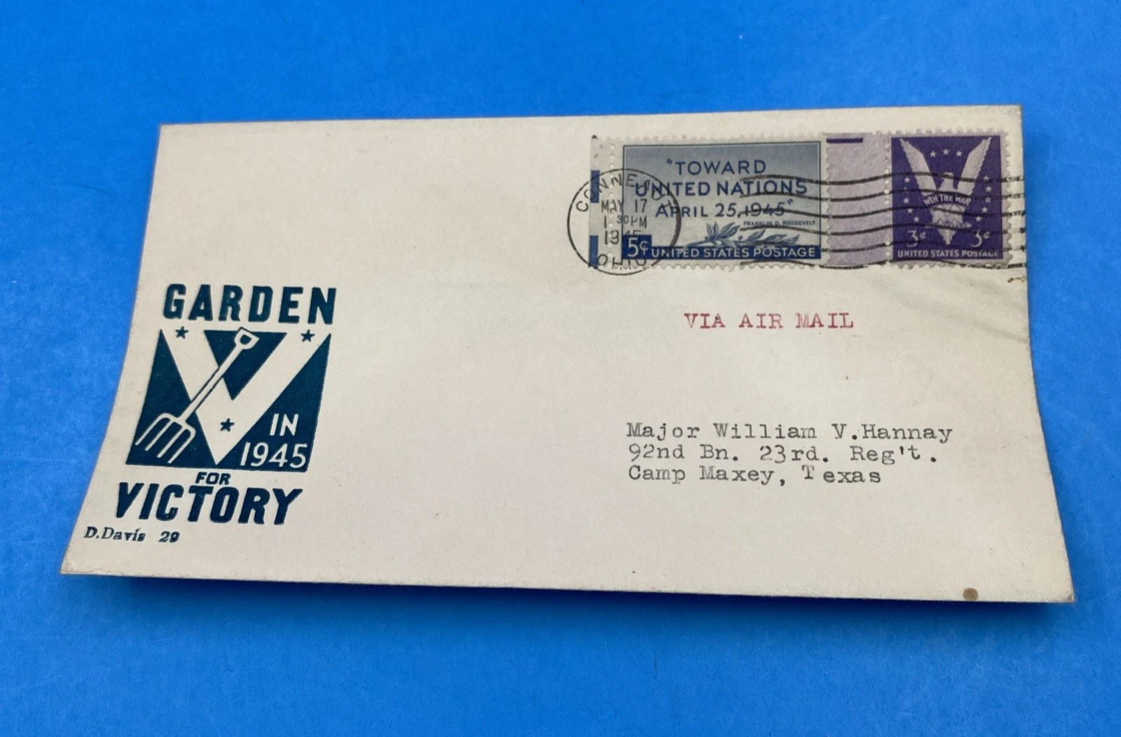 1945 WWII Patriotic Cover D. Davis #29 Garden for Victory, 8¢ Airmail Camp Maxey