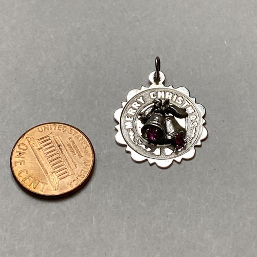 Vintage Sterling Silver Merry Christmas Two Bells Charm/Pendant W/ Purple Stone - Image 2
