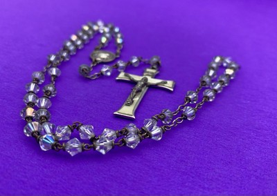 Vtg Aurora Borealis Crystal Bicone Faceted Glass Petite Rosary, MOP Crucifix,15” - Image 6