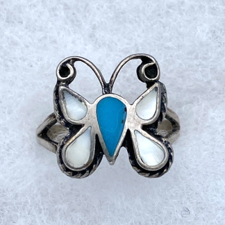 Vintage Sterling Silver Turquoise & Mother of Pearl Butterfly Ring Size 8