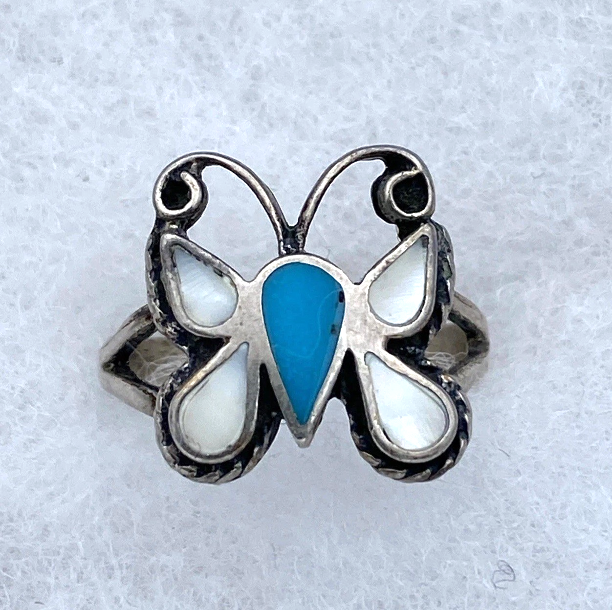 Vintage Sterling Silver Turquoise & Mother of Pearl Butterfly Ring Size 8