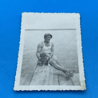 1944 WWII Leipzig Germany Photo Fit Muscular Man Dog Dock Inscription