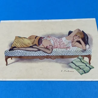 1914 Fabien Fabiano Signed French Boudoir Glamour Postcard Reclining Woman Dated