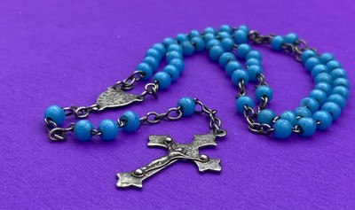 Vtg Blue Round Glass Beads Petite Rosary, Virgin Mary, France, Christianity, 14” - Image 7
