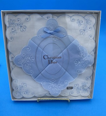Vintage Christian Dior Handkerchief Set, Blue, White, floral embroidery, Wedding - Image 4