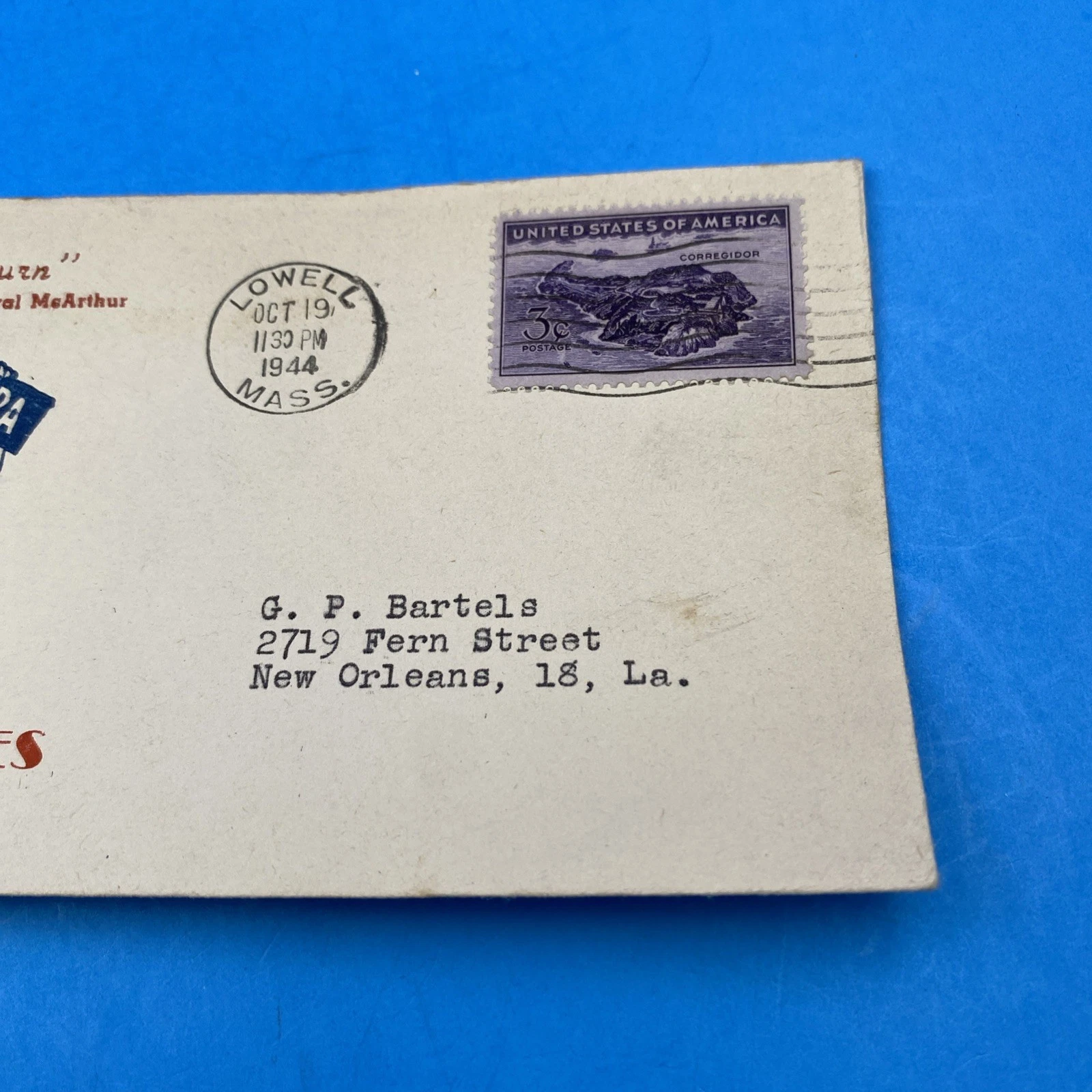 1944 MacArthur 'Philippines Invaded' Newsboy Cover, Scott 925, Oct 19 Lowell MA - Image 3