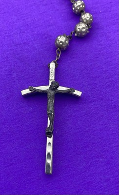 Vintage Textured Metallic Bead Rosary, Mary, Jesus, ITALY, Christianity, 19” - Image 5