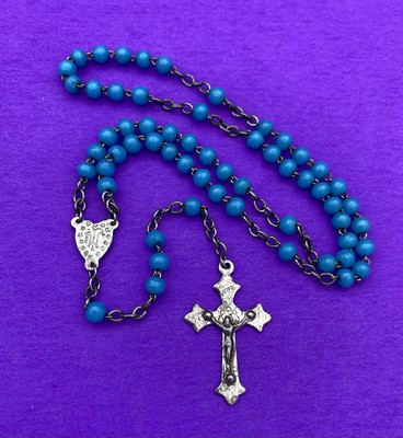 Vtg Blue Round Glass Beads Petite Rosary, Virgin Mary, France, Christianity, 14” - Image 3