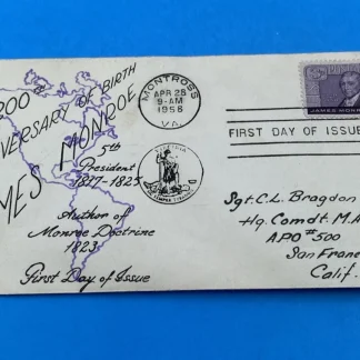 1958 James Monroe FDC 200th Anniv Montross VA Hand-Drawn Bundy Cachet APO500 USA