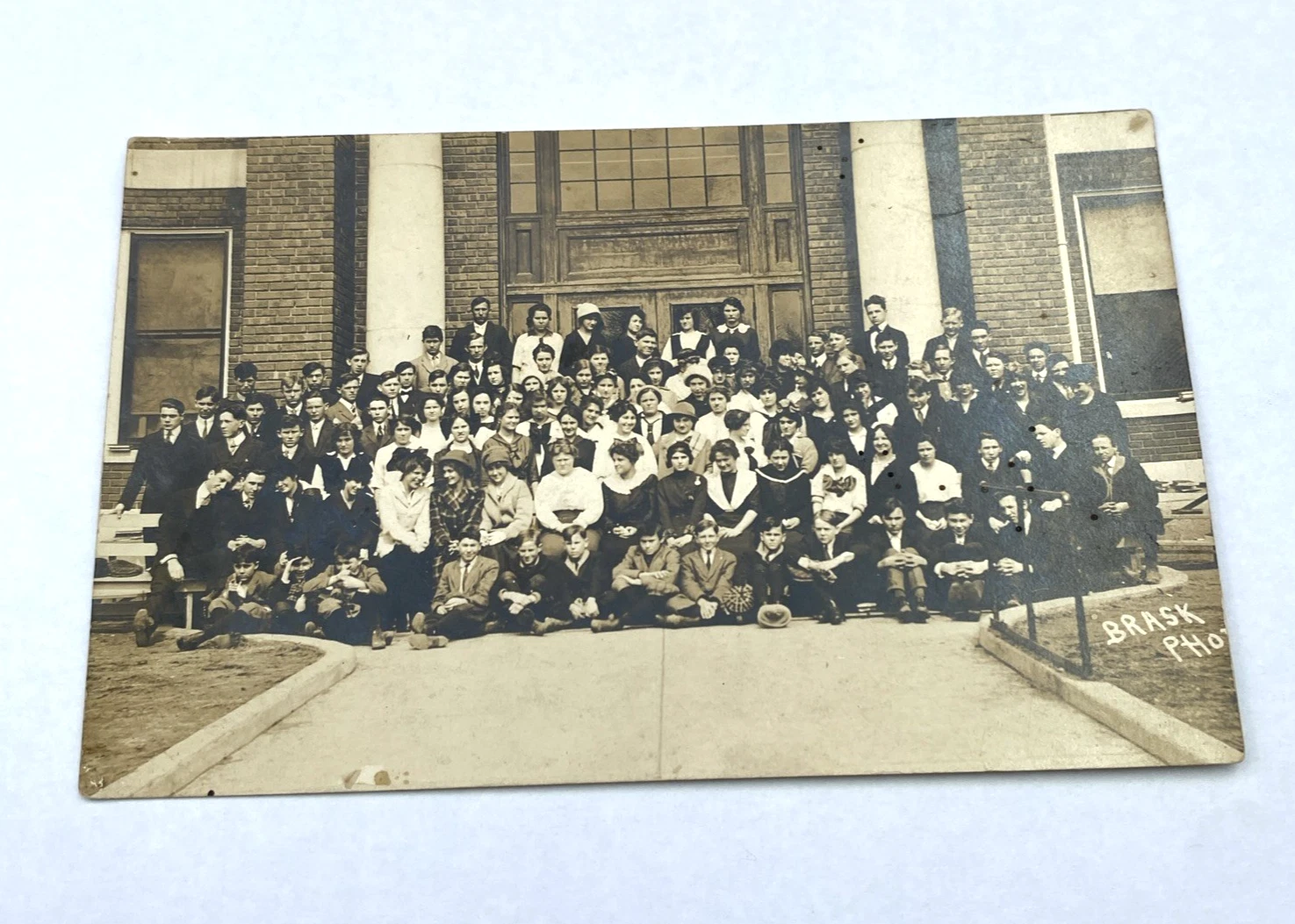 Brask RPPC Large School Group Photo Nebraska c.1910s AZO Triangles Rare