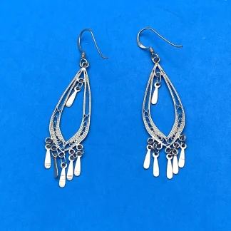Vintage 925 Sterling Silver Filigree Teardrop Chandelier Fringe Earrings Dangles