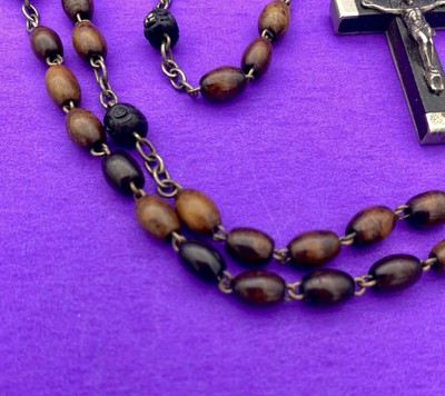 Antique Vintage Ebony Wood Bead Rosary, Virgin Mary, Jesus, FRANCE, Christianity - Image 9