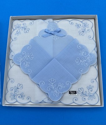 Vintage Christian Dior Handkerchief Set, Blue, White, floral embroidery, Wedding - Image 3