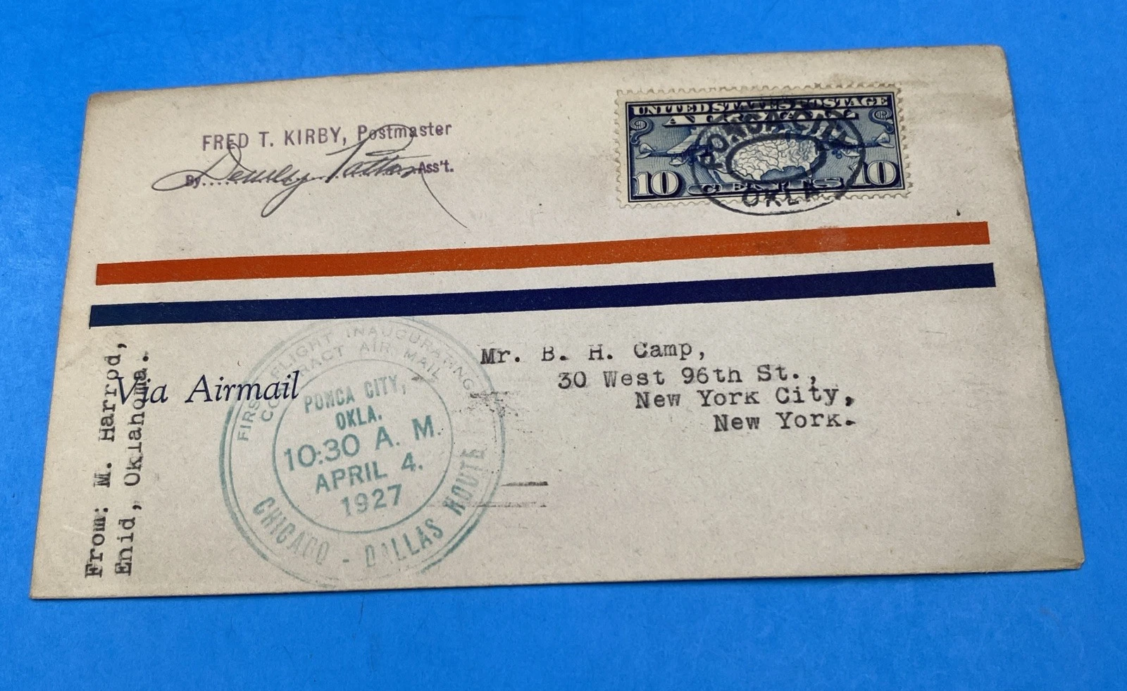 1927 CAM-3 First Flight Cover Ponca City OK Airmail to NYC w/ Cachet & Stamp