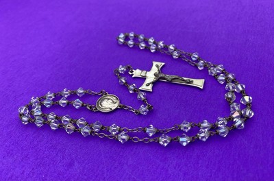 Vtg Aurora Borealis Crystal Bicone Faceted Glass Petite Rosary, MOP Crucifix,15” - Image 7