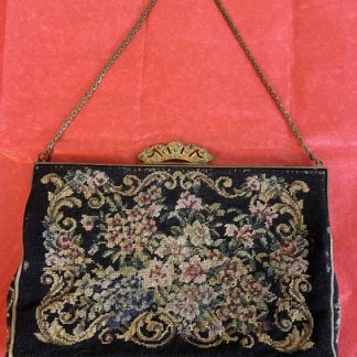 Antique 1920s Art Deco Gold Tone Frame Seed Pearls Petit Point Needlepoint Purse