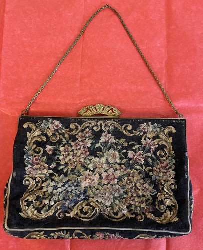 Antique 1920s Art Deco Gold Tone Frame Seed Pearls Petit Point Needlepoint Purse