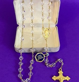 Vintage Faceted Crystal Rosary w/box, Pewter, Virgin Mary, Christianity, 22”