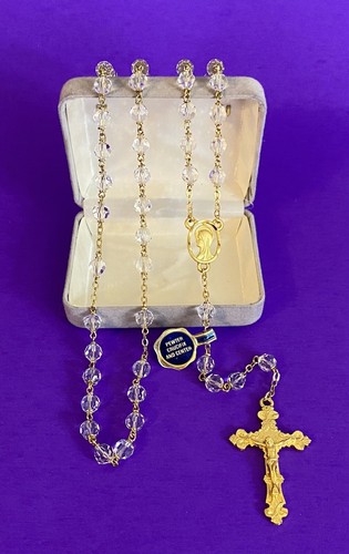 Vintage Faceted Crystal Rosary w/box, Pewter, Virgin Mary, Christianity, 22”