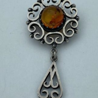 Vintage Sterling Silver Baroque Style Amber Brooch With Dangle