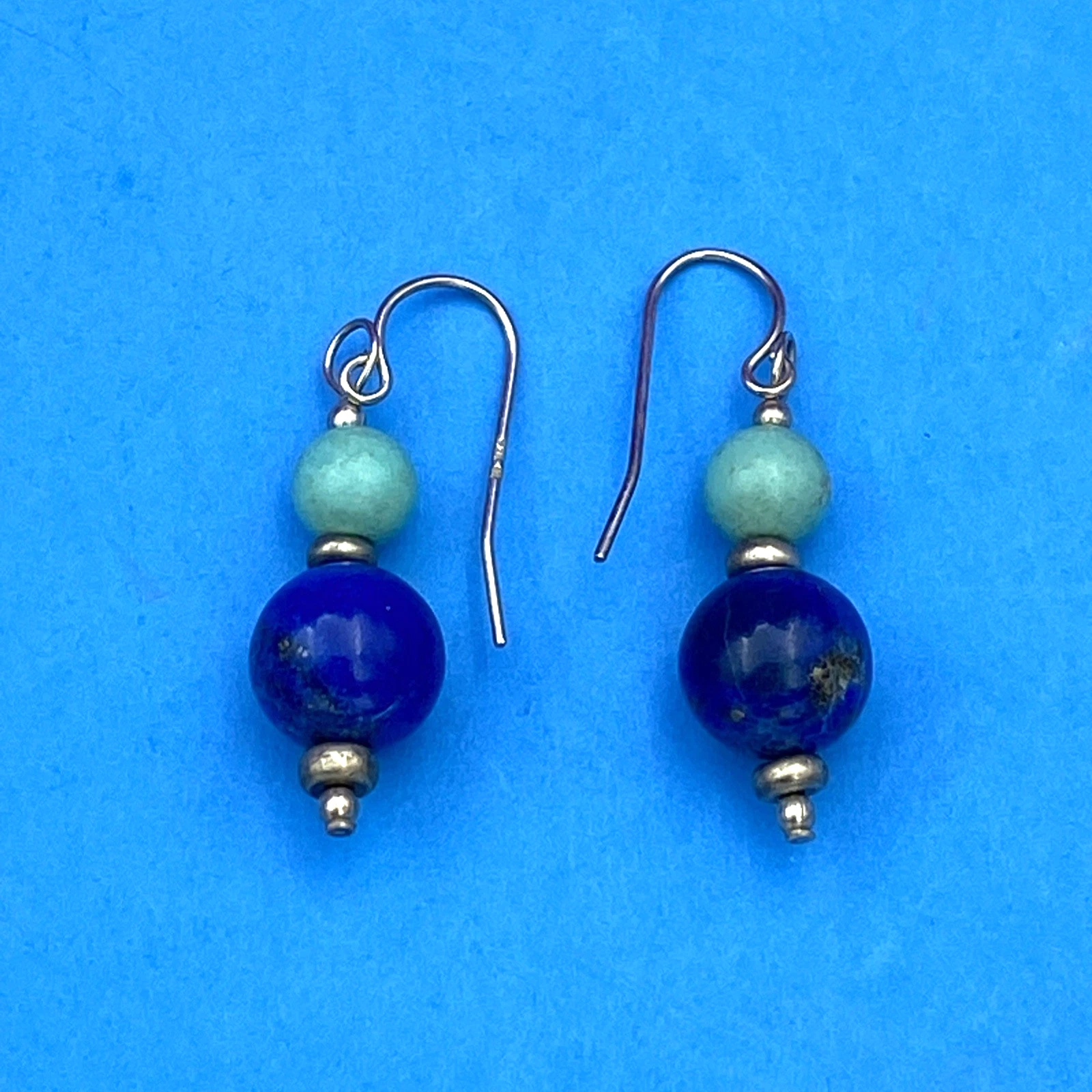 Vintage Round Lapis Lazuli & Turquoise Beaded Sterling Silver 925 Hook Earrings - Image 4