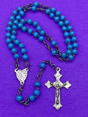 Vtg Blue Round Glass Beads Petite Rosary, Virgin Mary, France, Christianity, 14” - Image 6