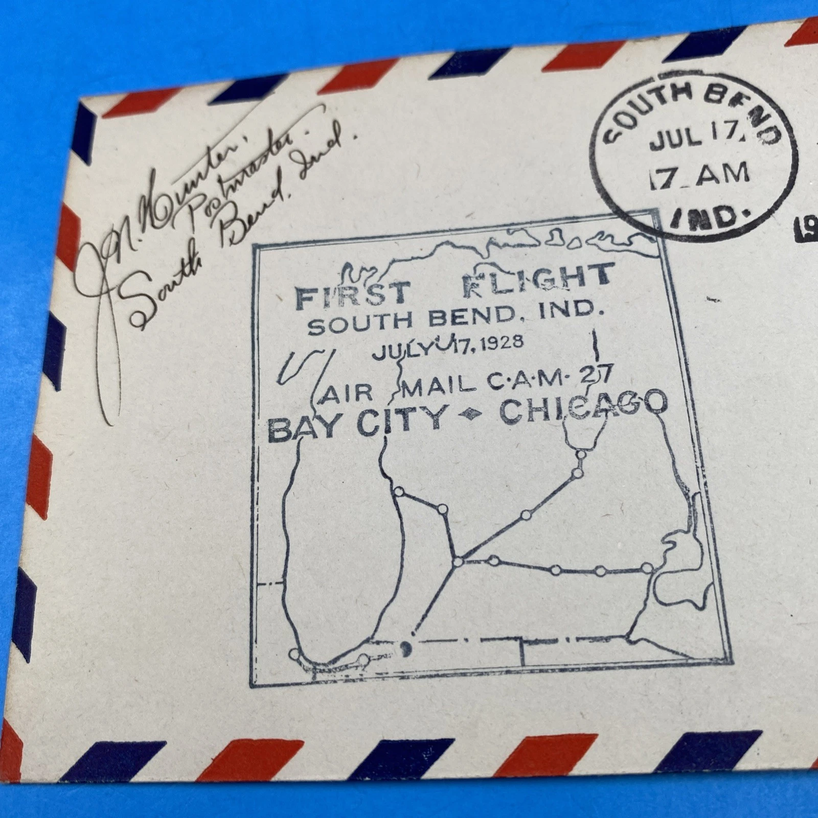 1928 CAM-27 First Flight Cover Signed by Postmaster J.N. Hunter, South Bend - Image 2