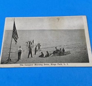 Campers’ Morning Swim Kings Park L.I. T.J. McCarthy Real Photo Flag Scene RPPC