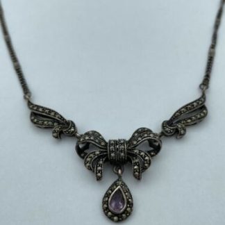 Vintage Sterling Silver 925 Amethyst Marcasite Bow Necklace Chain 13.4g
