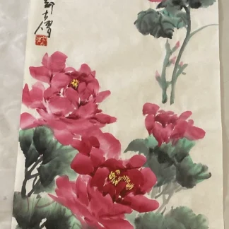 Vintage Chinese Peony Ink & Watercolor Paintings on Thin Paper w/ Box