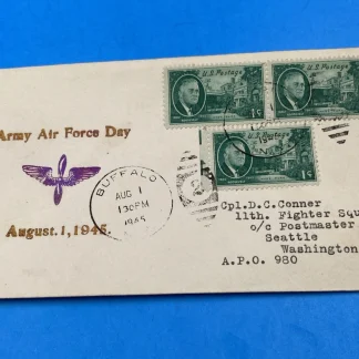 Army Air Force Day 8/1/1945 Cover Buffalo 3x 1¢ FDR #930 to 11th Ftr. Sq APO 980