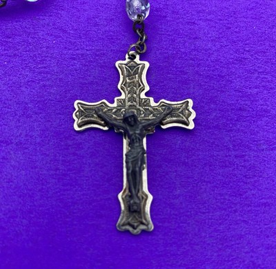Vtg Aurora Borealis Crystal Faceted Glass Rosary ITALY, Virgin Mary Christianity - Image 9