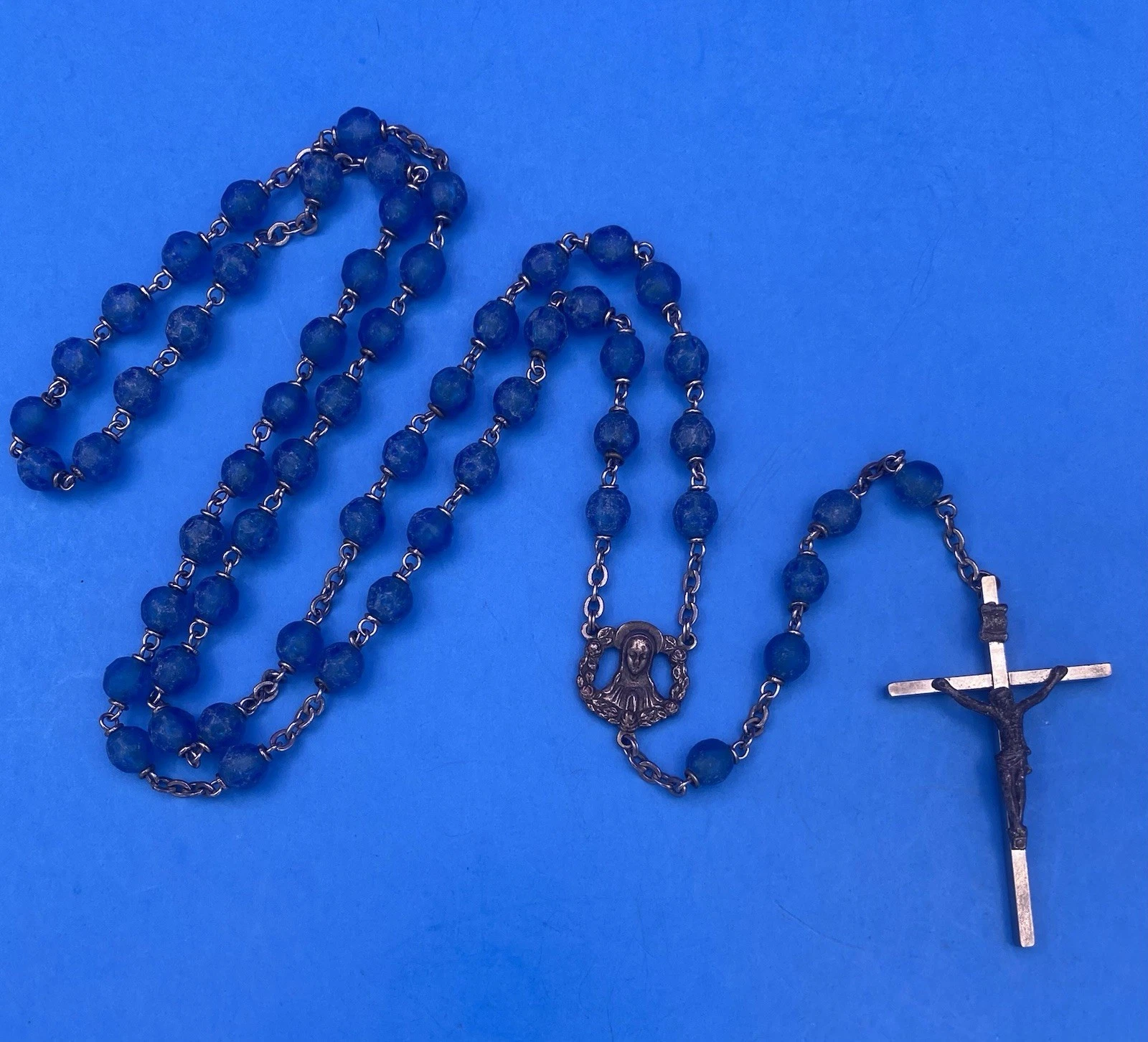 Vintage Blue Textured Plastic Bead Rosary, Mary, Jesus, ITALY, Christianity - Image 2