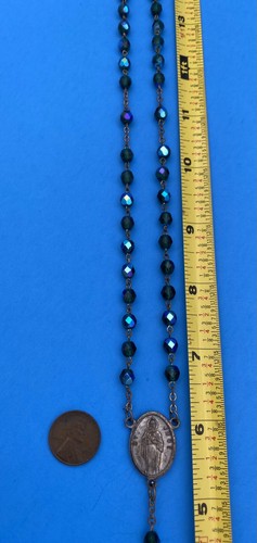 Vintage Peacock Green/Blue AB Faceted Glass Rosary, St Jude, Italy, Christianity - Image 6