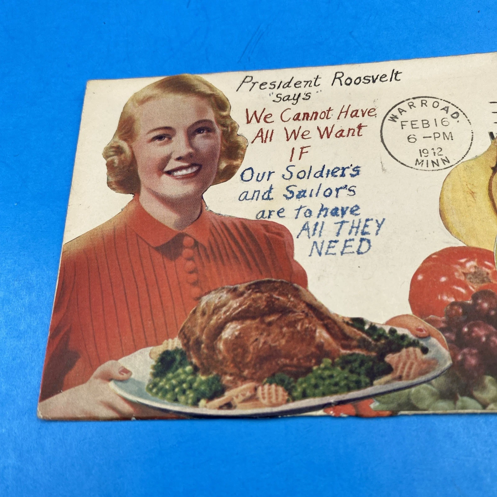 1942 WWII Paste-on Patriotic Cover FDR Rationing Quote, Scott 900 2c, Warroad MN - Image 2