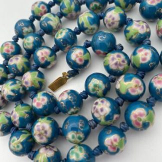 Vintage Cloisonné Knotted Cobalt Blue Floral Bead 25" Necklace