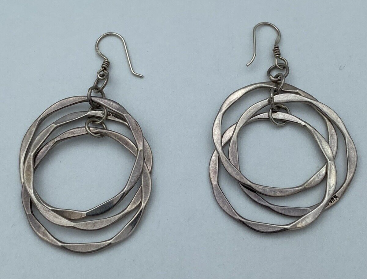 Hammered Hoops sterling silver triple hoop vintage drop artisan earrings 12.1g.