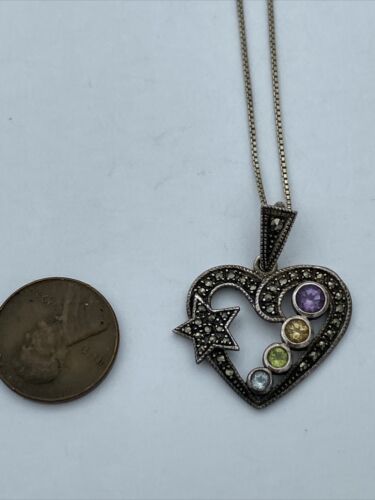 Vintage Sterling Silver Multi Gemstone Marcasite Heart Star Pendant Italy Chain - Image 3