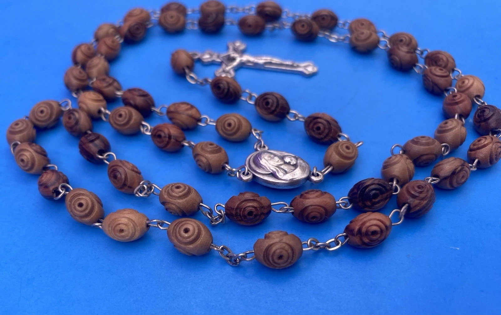 Carved Olive Wood Rosary, Terra Jerusalem Reliquary, Virgin Mary, Christianity - Image 6