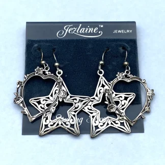 Vintage Jezlaine Sterling Silver Heart & Star Dangle Earrings 2 Pair Set NOS